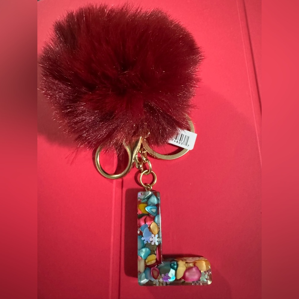 Multicolor Keychain with Burgundy Pom Pom